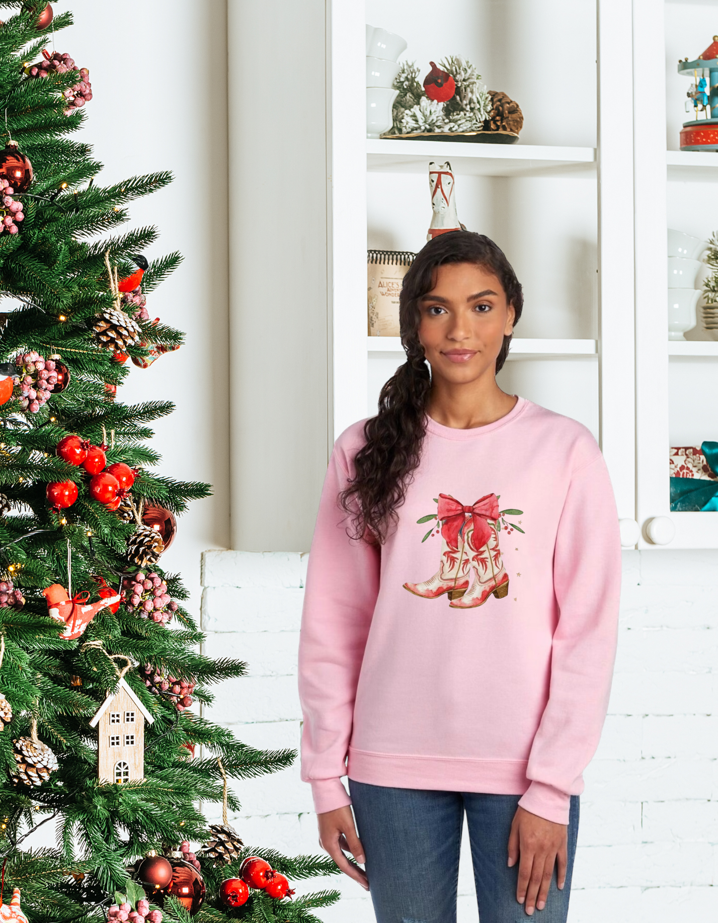 Sweatshirts, Unisex Sweatshirt, Cute Holiday Apparel, Adorable Festive Holiday Gifts, Holiday Apparel, Unisex Holiday Sweater, Cowgirl BootsHoliday Sweater, Holiday Boots, Cowgirl