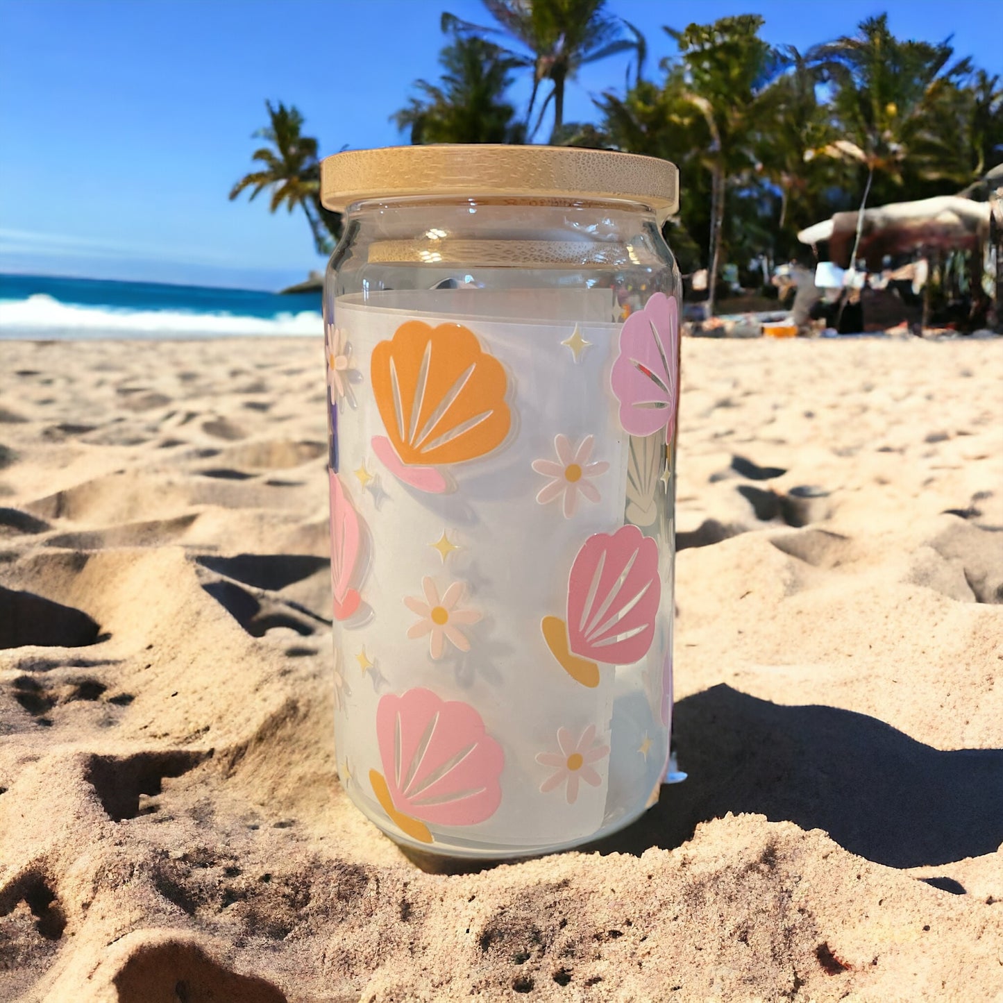 Seashells 12oz. Clear Glass Can with Straw, Glass Can, Beer Can, Glass Cups, Decorative Cups, Cups with Straws, Glass Cup with Straw and Bamboo Lid, Gifts for Her, Summer Cups, Summer Gifts