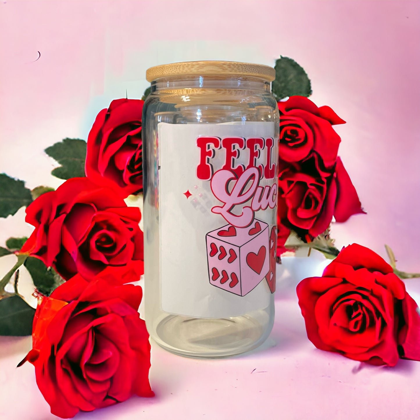 Feeling Lucky 16oz. Clear Glass Can with Straw, Glass Can, Beer Can, Valentine Cup, Cup of Hearts, Cups with Straws, Glass Cup with Straw and Bamboo Lid