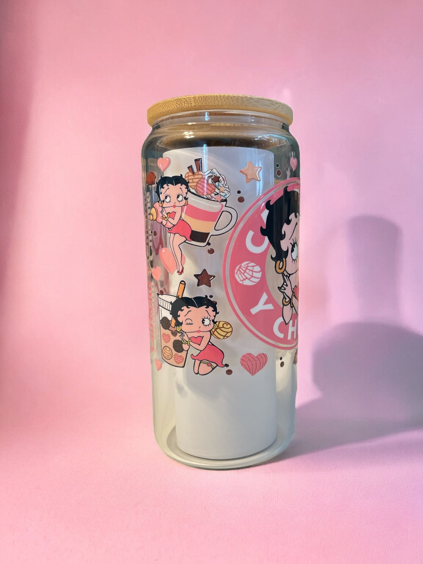 Betty Boop 20oz. Clear Glass Can with Straw, Glass Can, Beer Can, Betty Boop Cup, Cups with Straws, Glass Cup with Straw and Bamboo Lid