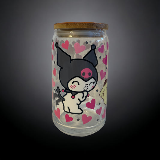 Kuromi 12oz. Glass Can with Straw, Beer Cans, Glass Cans, Kuromi Cups, Black Kitty Glass Cups with Straws, Gifts for Kitty Lovers
