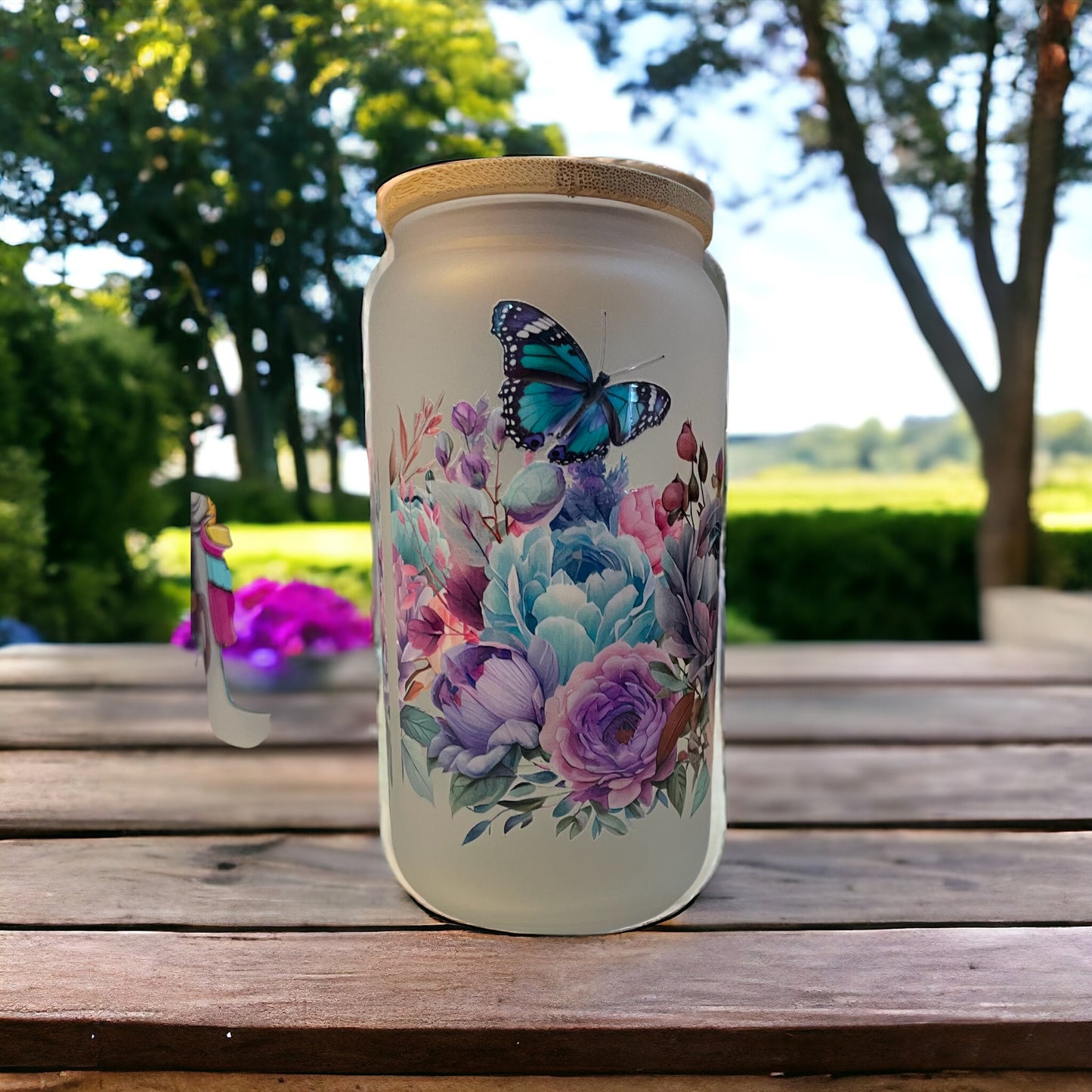 Purple Butterfly 16oz. Frosted Glass Can with Straw, Glass Can, Beer Can, Butterfly Cup, Cups with Straws, Glass Cup with Straw and Bamboo Lid