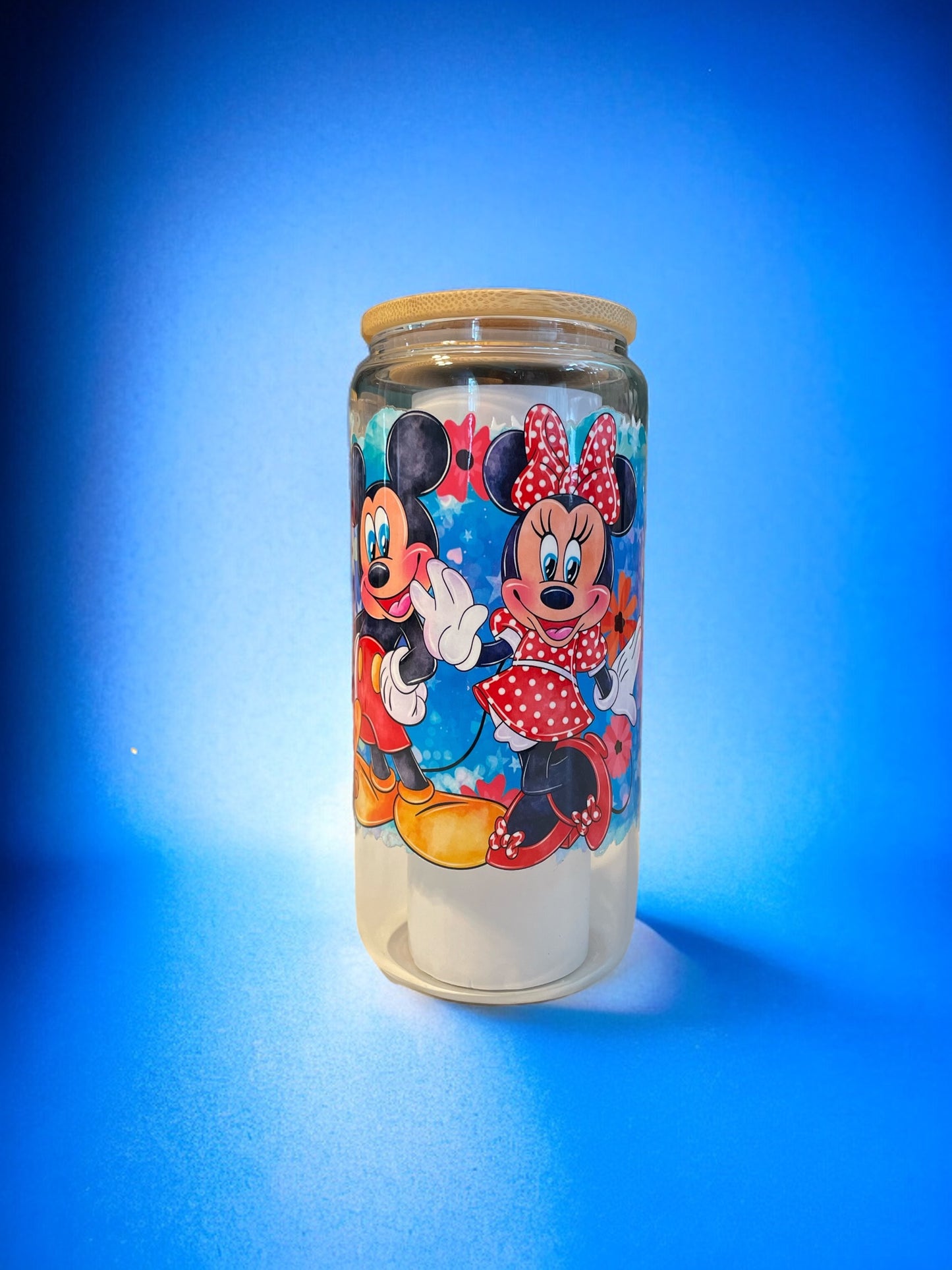Mouse and Friends 20oz. Clear Glass Can with Straw, Glass Can, Beer Can, Mouse Cup, Cups with Straws, Glass Cup with Straw and Bamboo Lid