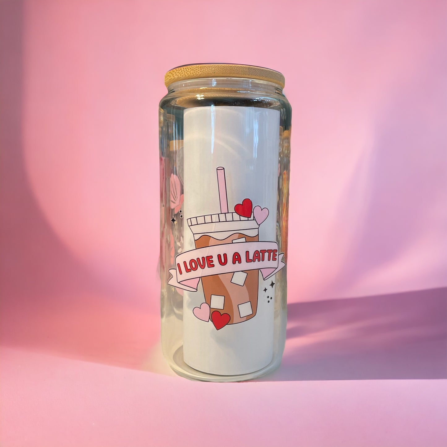I Love You a Latte 20oz. Clear Glass Can with Straw, Glass Can, Beer Can, Valentine Cup, Cup of Hearts, Cups with Straws, Glass Cup with Straw and Bamboo Lid