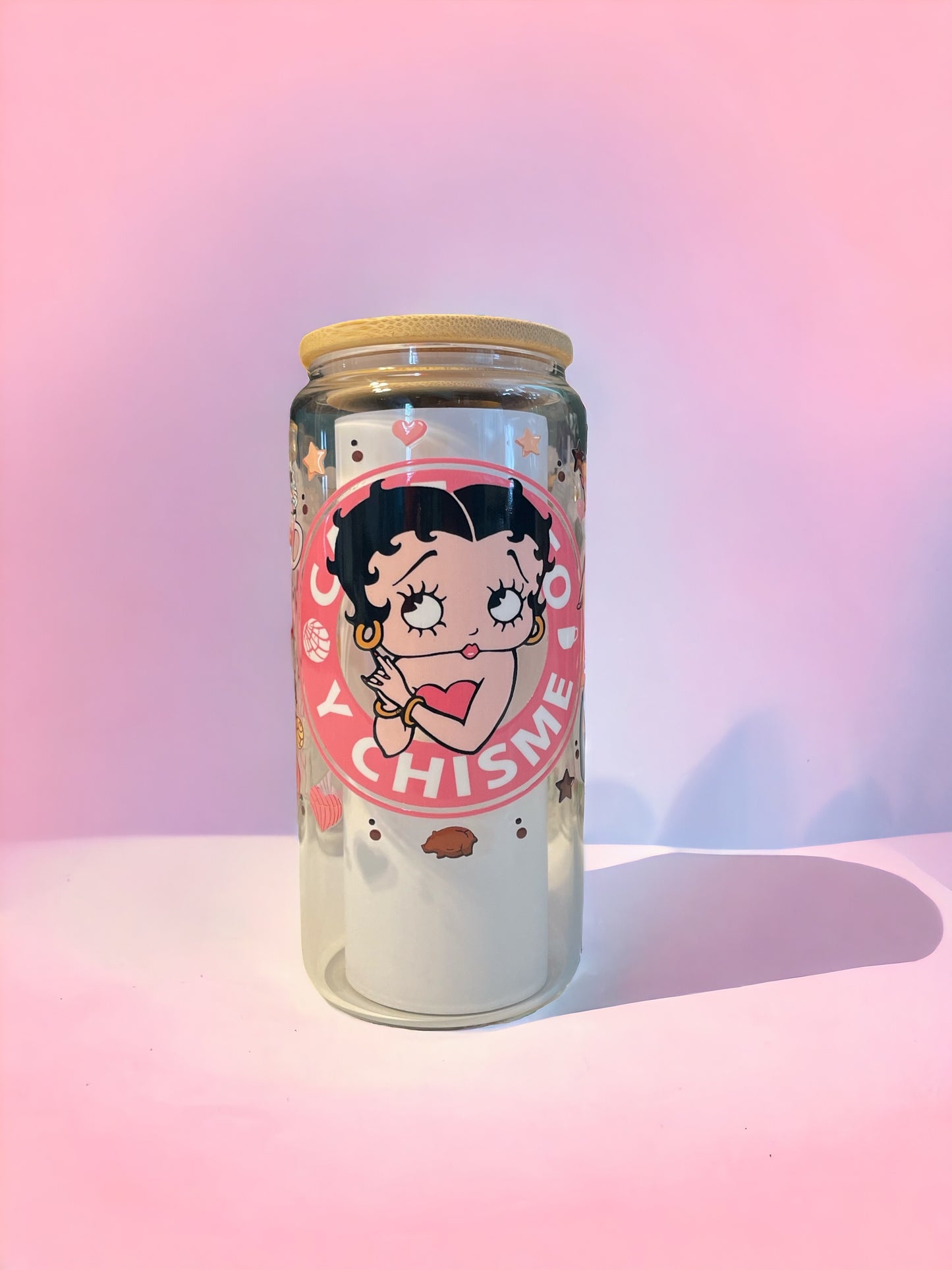 Betty Boop 20oz. Clear Glass Can with Straw, Glass Can, Beer Can, Betty Boop Cup, Cups with Straws, Glass Cup with Straw and Bamboo Lid