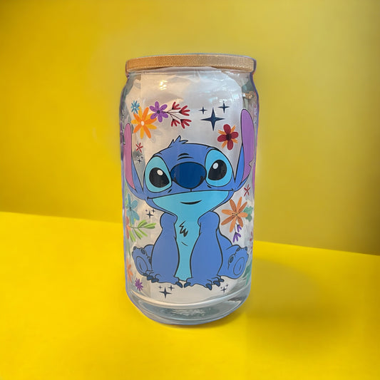 Stitch 12oz. Glass Can with Straw, Glass Can, Beer Can, Stitch Cup, Cups with Straws, Glass Cup with Straw and Bamboo Lid, Stitch, Decorative Cups