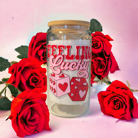 Feeling Lucky 16oz. Clear Glass Can with Straw, Glass Can, Beer Can, Valentine Cup, Cup of Hearts, Cups with Straws, Glass Cup with Straw and Bamboo Lid