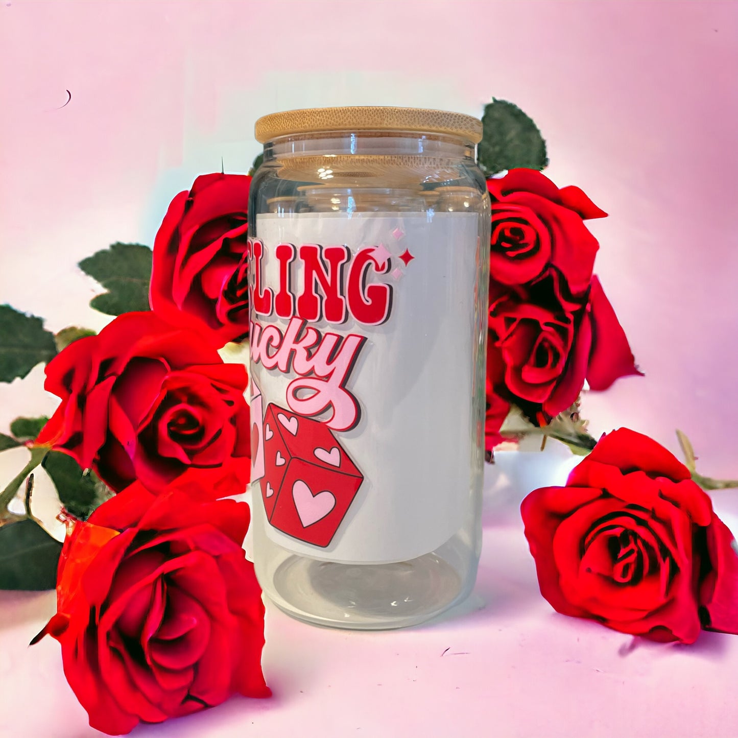 Feeling Lucky 16oz. Clear Glass Can with Straw, Glass Can, Beer Can, Valentine Cup, Cup of Hearts, Cups with Straws, Glass Cup with Straw and Bamboo Lid