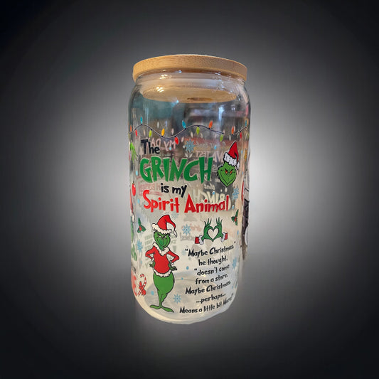 Green Christmas Villain 16oz. Glass Can with Straw, Glass Cup, Glass Can, Beer Cans, Glass Cup with Straw and Lid, Grinch, Christmas Cups