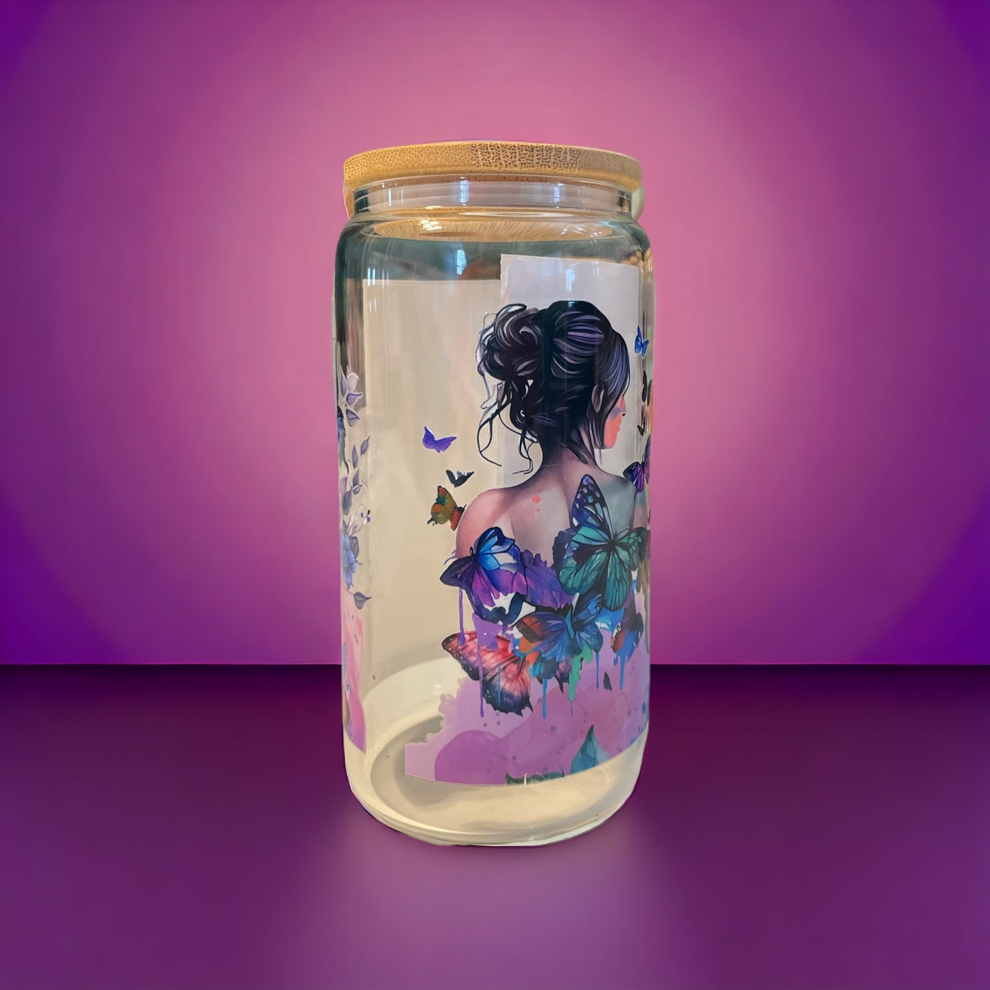 Purple Mama Butterfly 16oz. Clear Glass Can with Straw, Glass Can, Beer Can, Butterfly Cup, Cups with Straws, Glass Cup with Straw and Bamboo Lid