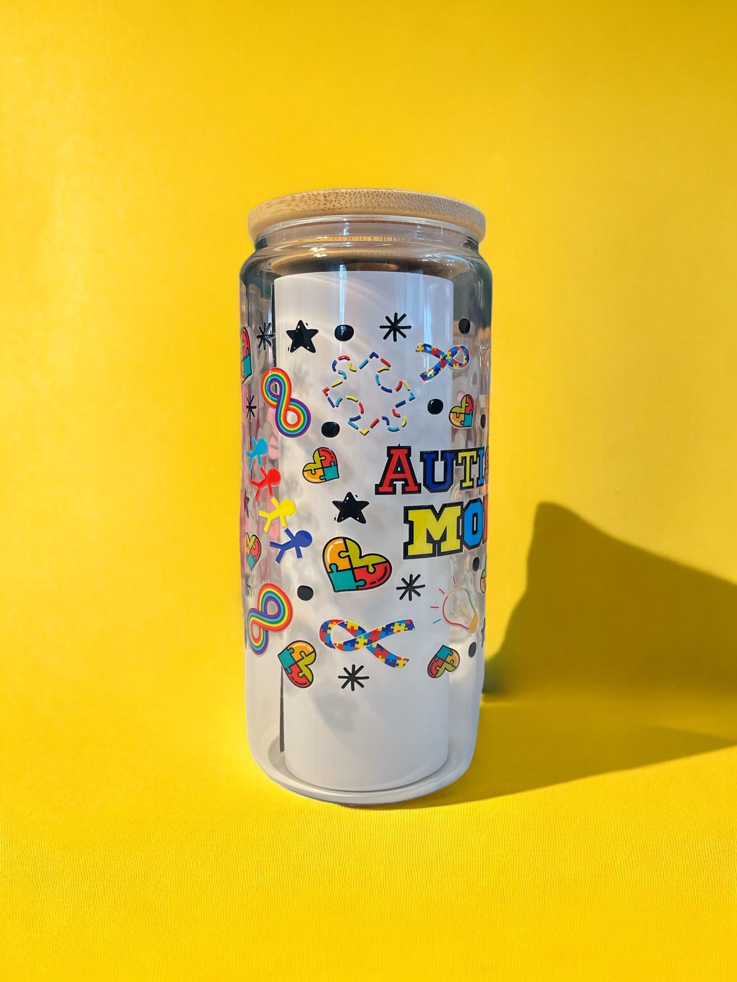 Autism Mom 20oz. Clear Glass Can with Straw, Glass Can, Beer Can, Autism Cup, Cups with Straws, Glass Cup with Straw and Bamboo Lid