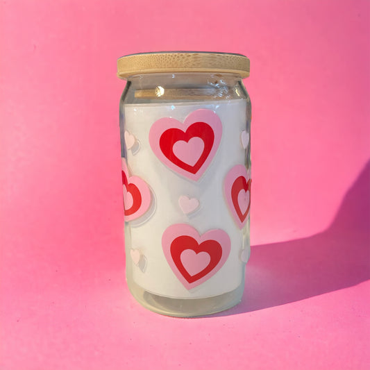 Hearts 12oz. Clear Glass Can with Straw, Glass Can, Beer Can, Valentine Cup, Cup of Hearts, Cups with Straws, Glass Cup with Straw and Bamboo Lid, Valentines Day, Valentines Gifts