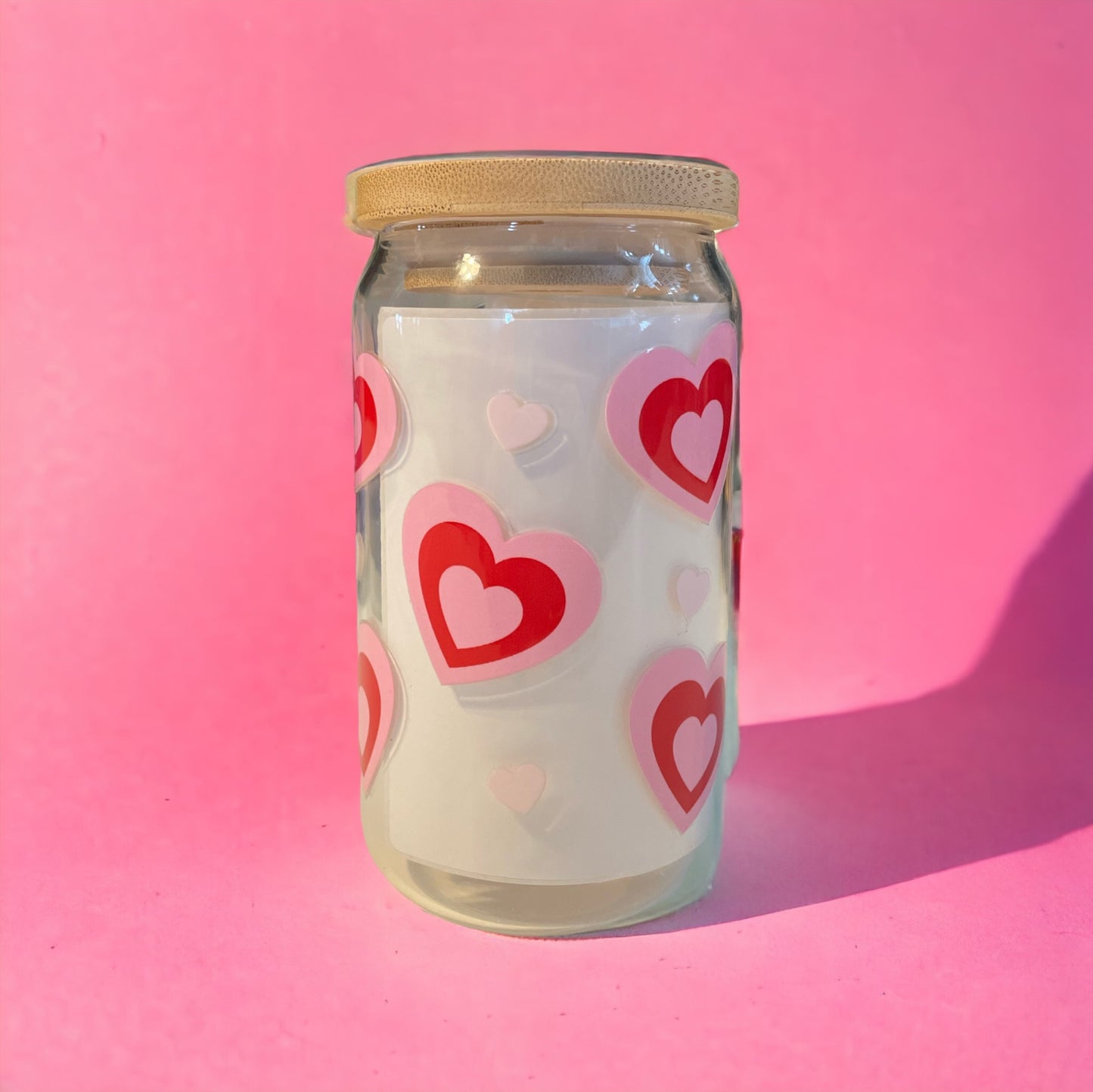 Hearts 12oz. Clear Glass Can with Straw, Glass Can, Beer Can, Valentine Cup, Cup of Hearts, Cups with Straws, Glass Cup with Straw and Bamboo Lid, Valentines Day, Valentines Gifts