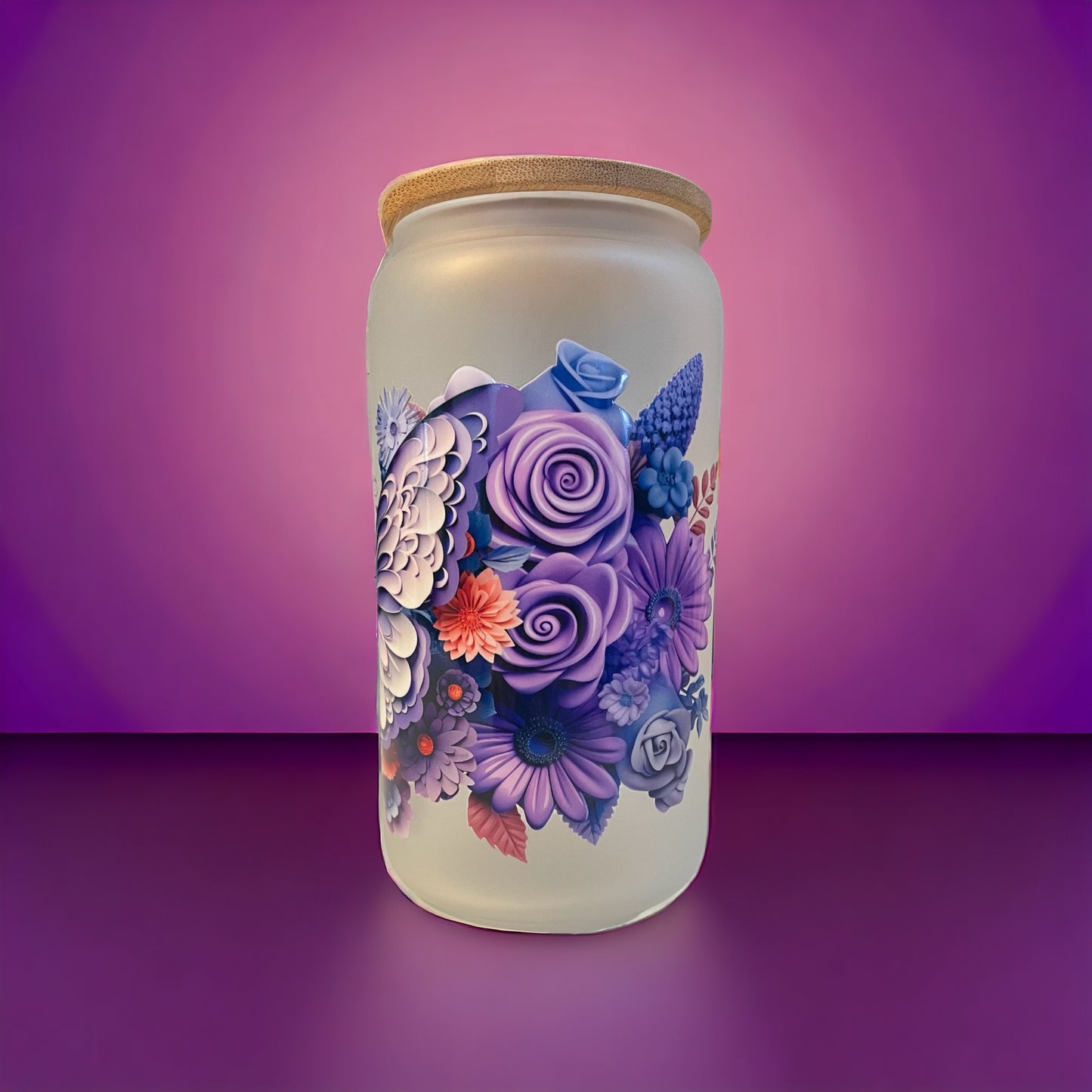 Purple Paper Butterfly 16oz. Frosted Glass Can with Straw, Glass Can, Beer Can, Butterfly Cup, Cups with Straws, Glass Cup with Straw and Bamboo Lid