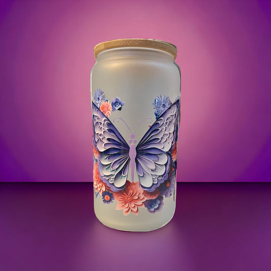 Purple Paper Butterfly 16oz. Frosted Glass Can with Straw, Glass Can, Beer Can, Butterfly Cup, Cups with Straws, Glass Cup with Straw and Bamboo Lid