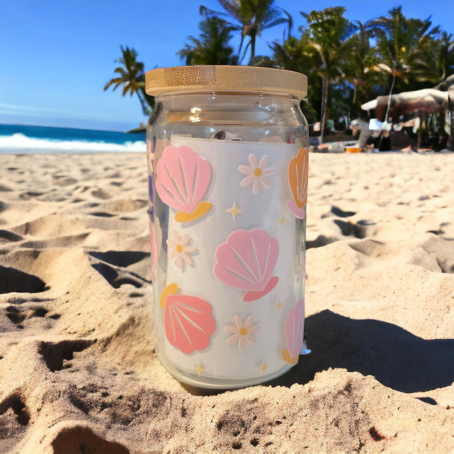 Seashells 12oz. Clear Glass Can with Straw, Glass Can, Beer Can, Glass Cups, Decorative Cups, Cups with Straws, Glass Cup with Straw and Bamboo Lid, Gifts for Her, Summer Cups, Summer Gifts