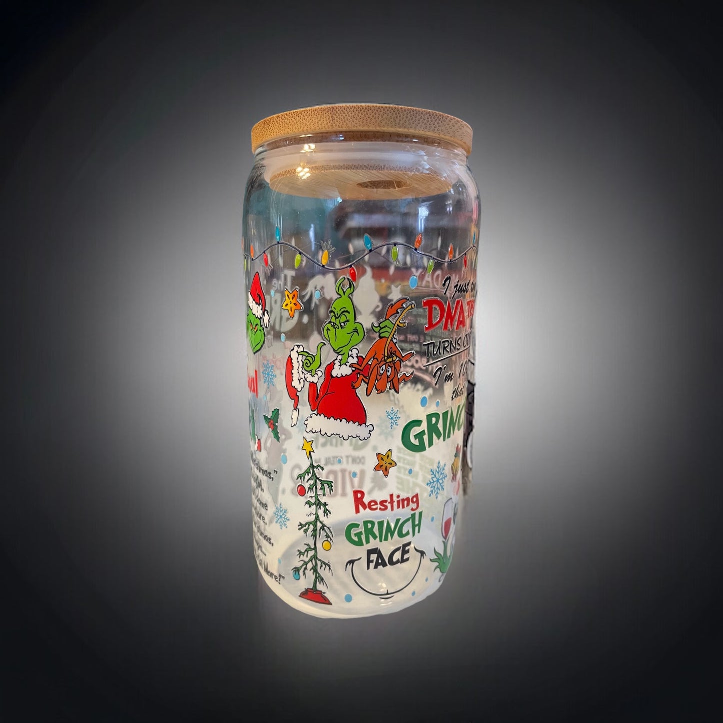 Green Christmas Villain 16oz. Glass Can with Straw, Glass Cup, Glass Can, Beer Cans, Glass Cup with Straw and Lid, Grinch, Christmas Cups