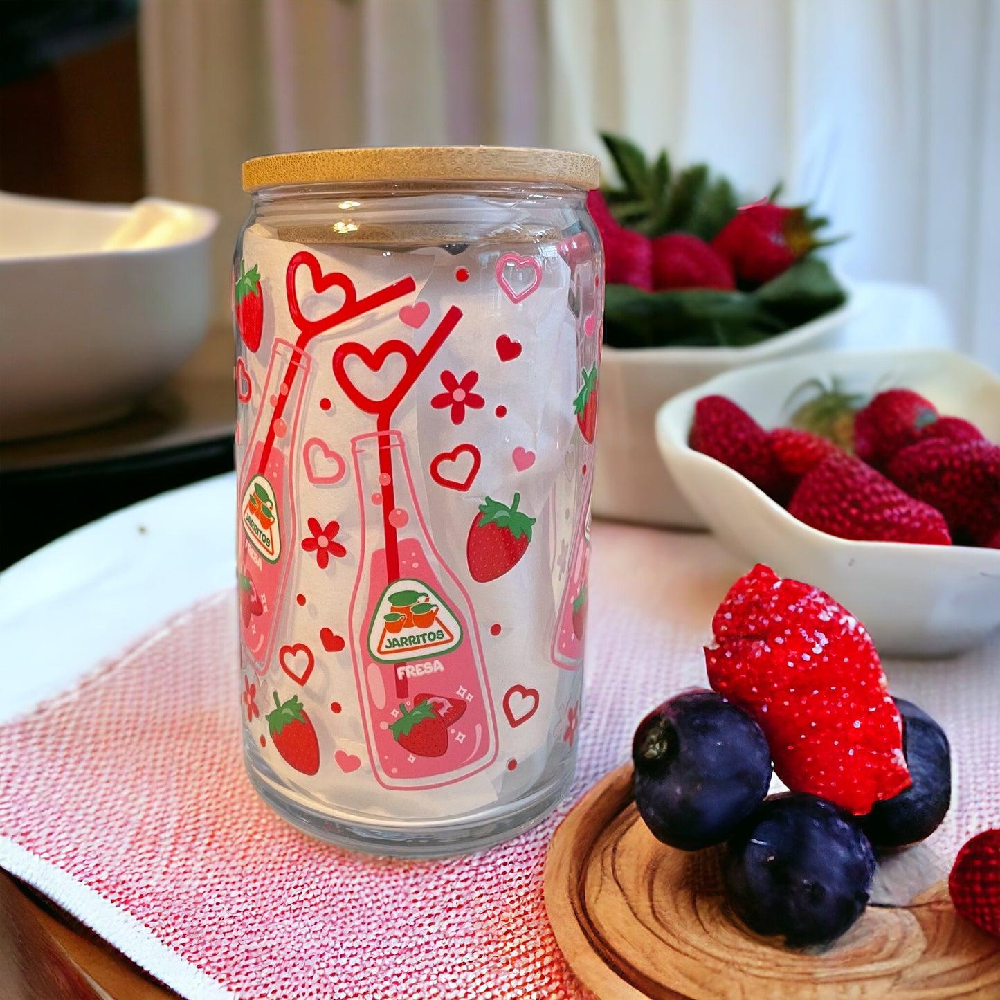 Strawberry Jarrito 12oz. Glass Can with Straw, Beer Cans, Glass Cans, Jarrito Cups, Jarrito de Fresa Glass Cups with Straws, Gifts for Him, Gifts for Her, Jarritos, Decorative Cups