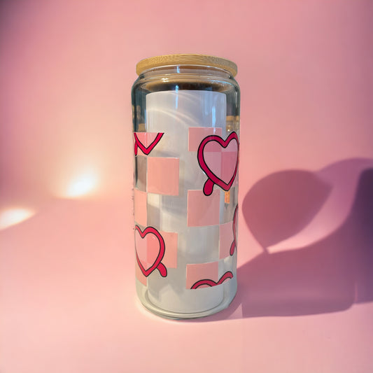 Heart Sunglasses 20oz. Clear Glass Can with Straw, Glass Can, Beer Can, Valentine Cup, Cup of Hearts, Cups with Straws, Glass Cup with Straw and Bamboo Lid