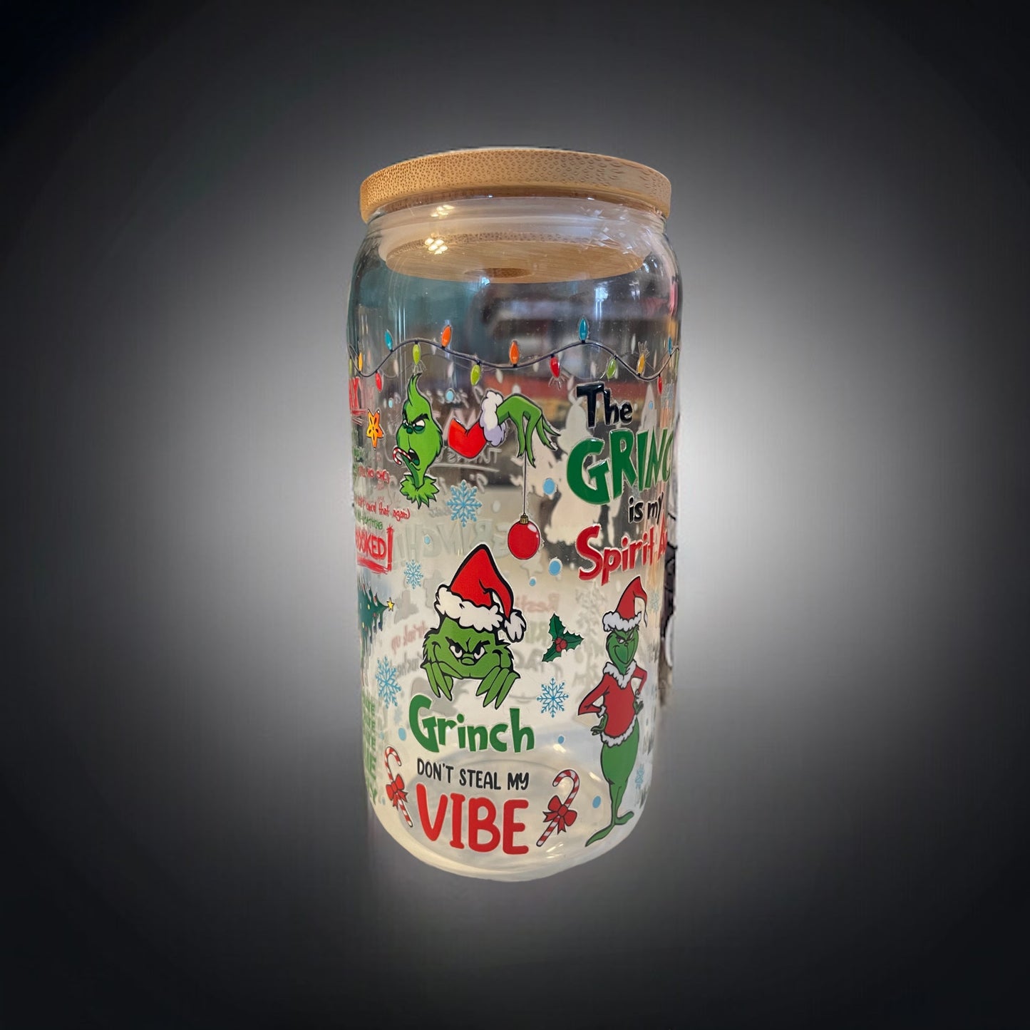 Green Christmas Villain 16oz. Glass Can with Straw, Glass Cup, Glass Can, Beer Cans, Glass Cup with Straw and Lid, Grinch, Christmas Cups