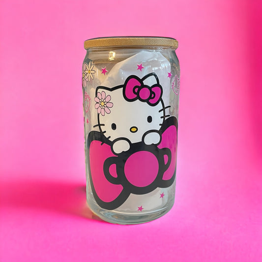 Kitty 12 oz. Clear Glass Can with Straw, Glass Can, Beer Can, Kitty Cup, Cups with Straws, Glass Cup with Straw and Bamboo Lid, Kitty Glass Cup, Hello Cup, Decorative Cups