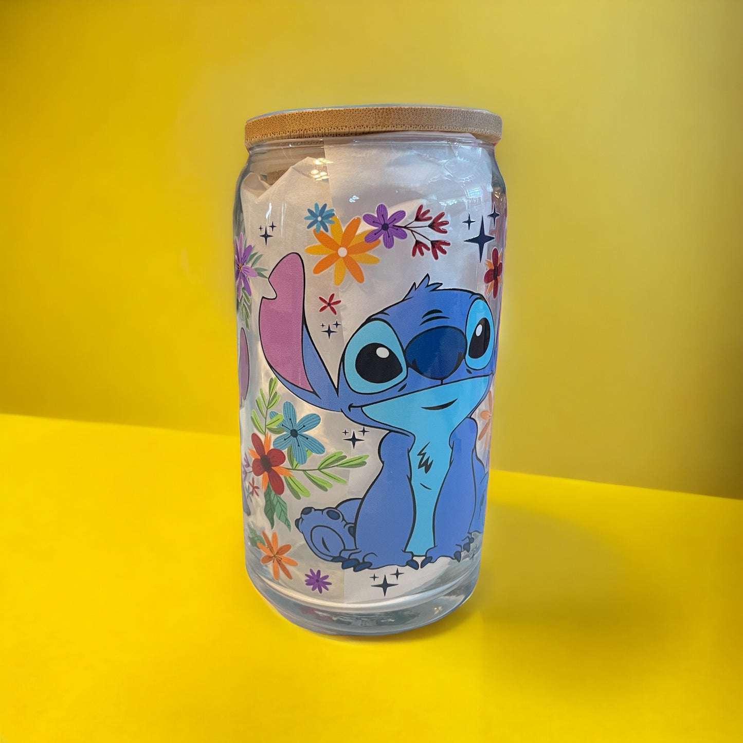 Stitch 12oz. Glass Can with Straw, Glass Can, Beer Can, Stitch Cup, Cups with Straws, Glass Cup with Straw and Bamboo Lid, Stitch, Decorative Cups