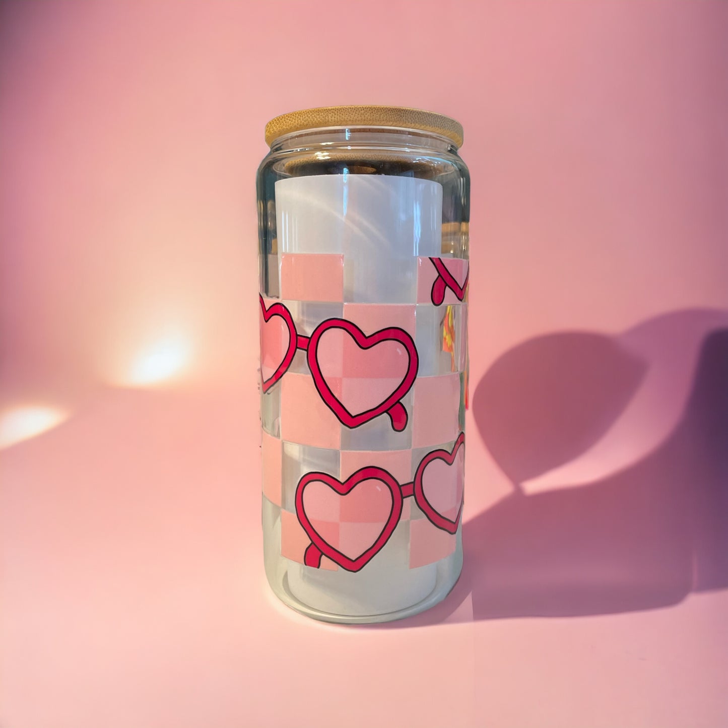Heart Sunglasses 20oz. Clear Glass Can with Straw, Glass Can, Beer Can, Valentine Cup, Cup of Hearts, Cups with Straws, Glass Cup with Straw and Bamboo Lid