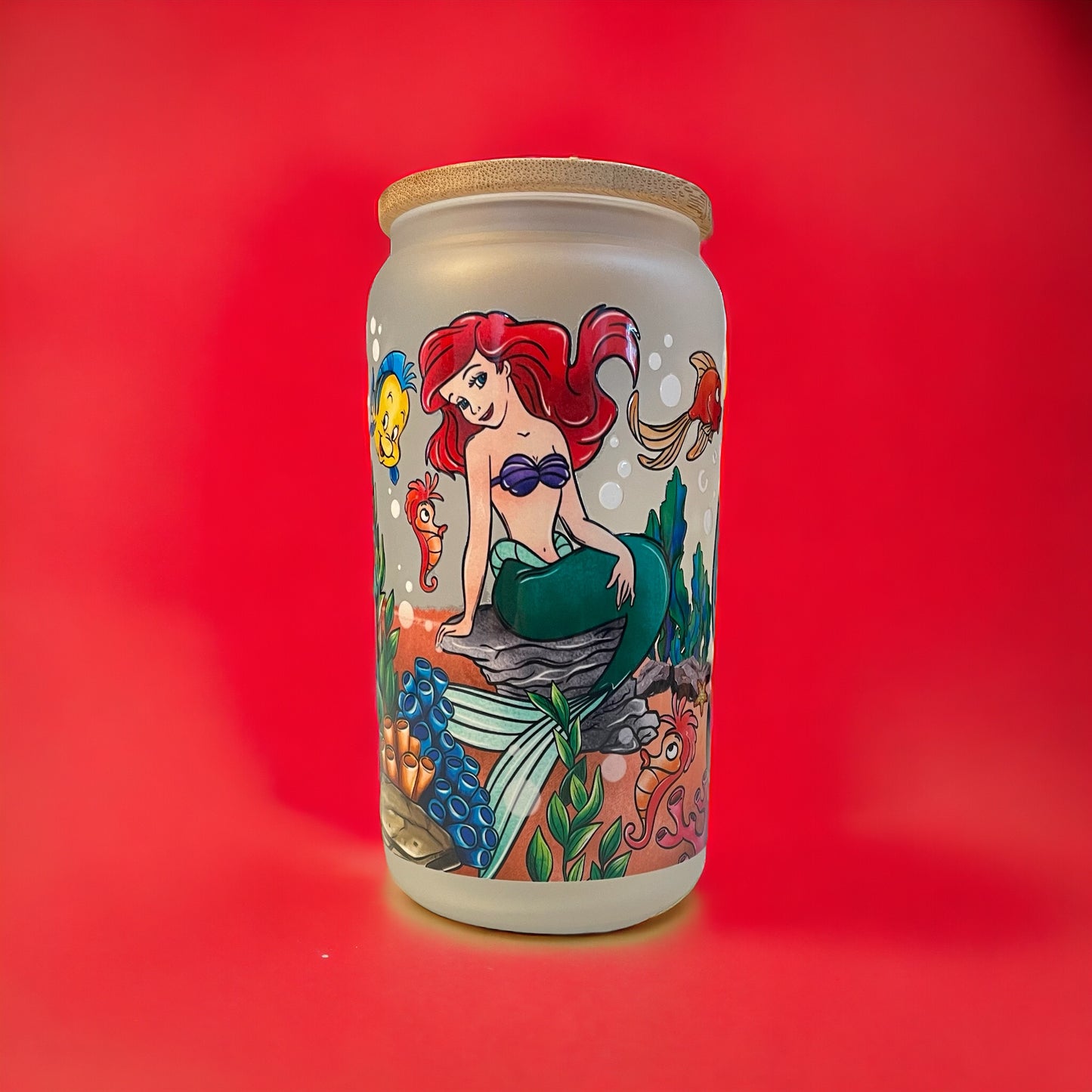 Mermaid 16oz. Frosted Glass Can with Straw, Glass Can, Beer Can, Mermaid Cup, Cups with Straws, Glass Cup with Straw and Bamboo Lid
