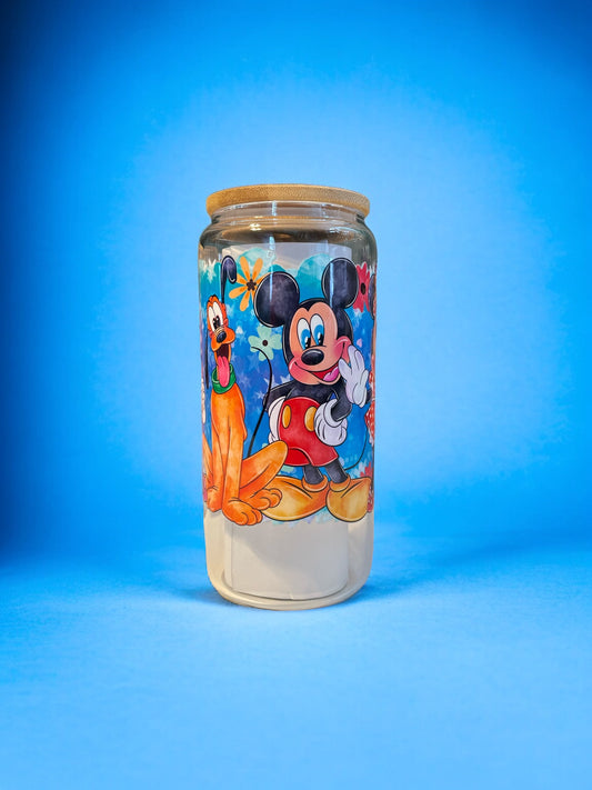 Mouse and Friends 20oz. Clear Glass Can with Straw, Glass Can, Beer Can, Mouse Cup, Cups with Straws, Glass Cup with Straw and Bamboo Lid