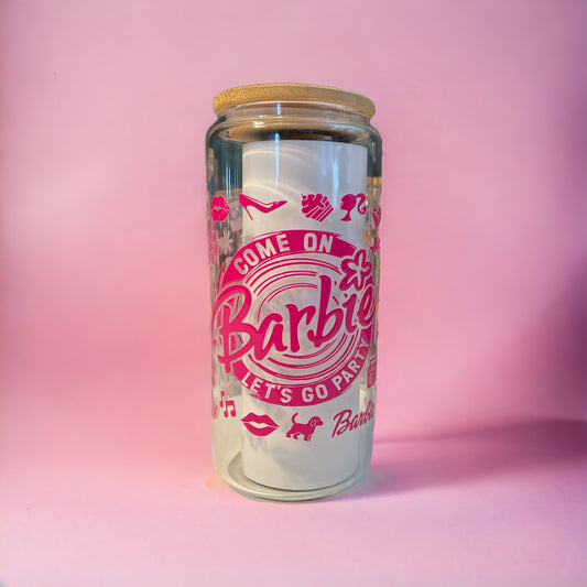 Barbie 20oz. Clear Glass Can with Straw, Glass Can, Beer Can, Barbie Cup, Cups with Straws, Glass Cup with Straw and Bamboo Lid