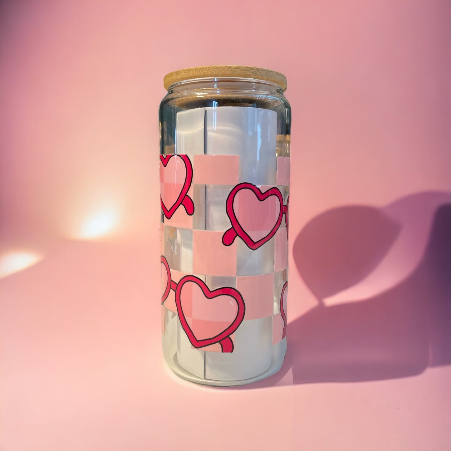 Heart Sunglasses 20oz. Clear Glass Can with Straw, Glass Can, Beer Can, Valentine Cup, Cup of Hearts, Cups with Straws, Glass Cup with Straw and Bamboo Lid