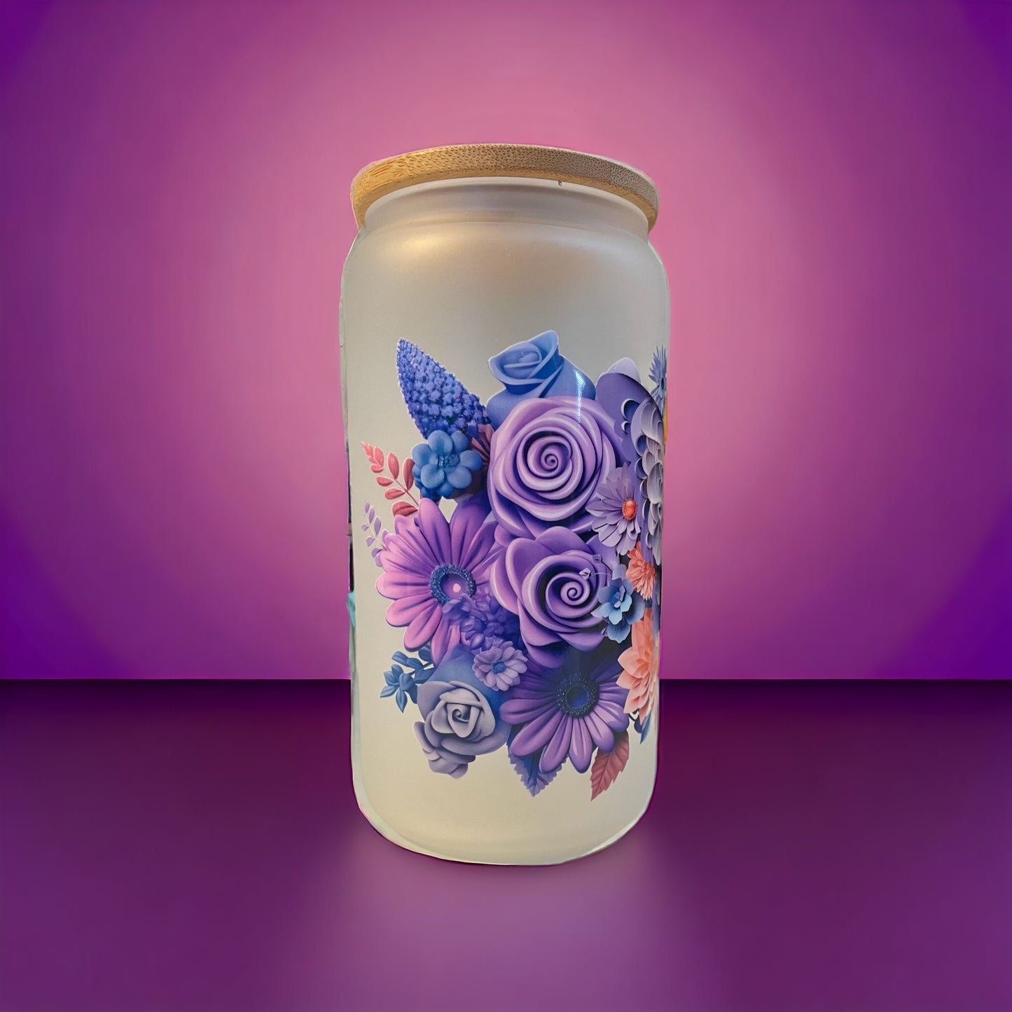 Purple Paper Butterfly 16oz. Frosted Glass Can with Straw, Glass Can, Beer Can, Butterfly Cup, Cups with Straws, Glass Cup with Straw and Bamboo Lid