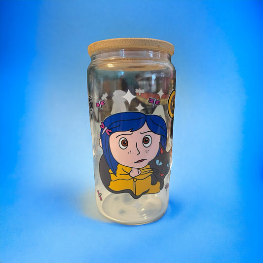 Coraline 16oz. Glass Can with Straw, Glass Can, Beer Can, Coraline Cup, Cups with Straws, Glass Cup with Straw and Bamboo Lid