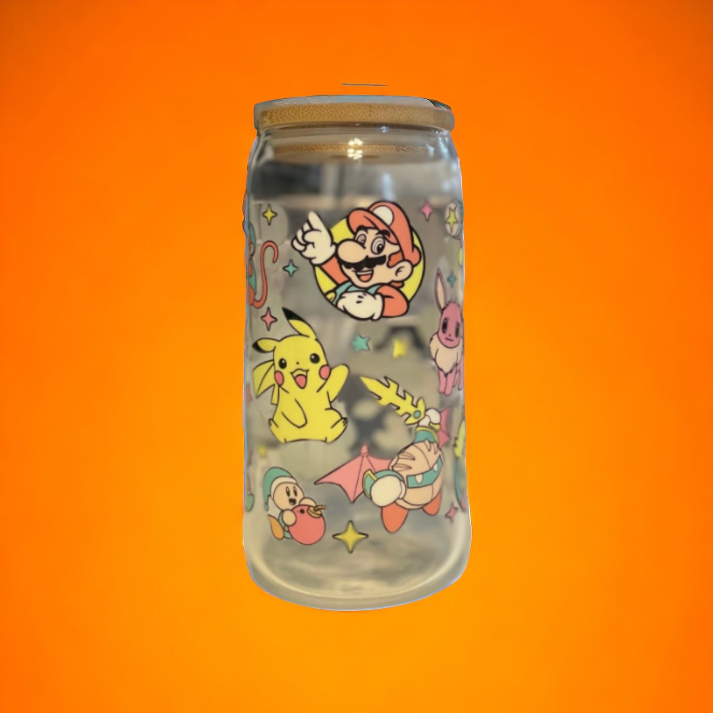 Nintendo Smash Bro. Character 16oz. Glass Cans with Straw, Glass Can, Beer Can, Glass Cup with Straw and Bamboo Lid, Donkey Kong Cup, Pikachu Cup, Mario and Luigi Cup, Kirby Cup