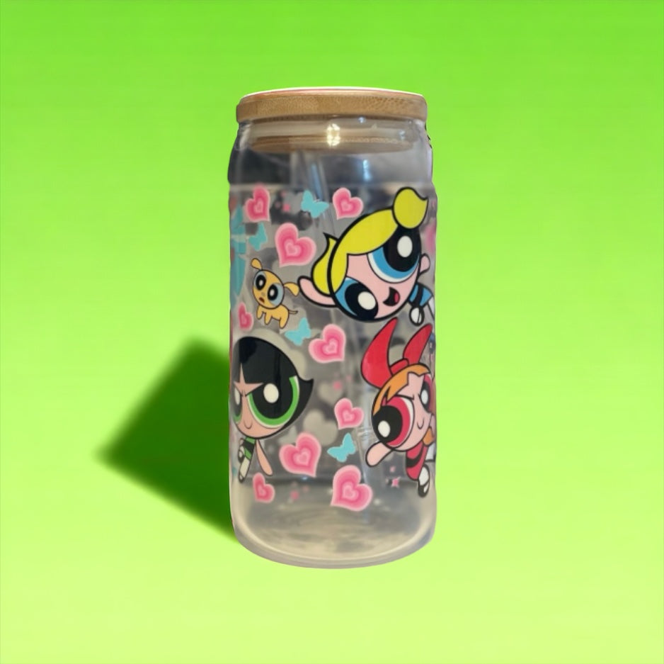 Powerpuff Girls 16oz. Glass Can with Straw, Glass Can, Beer Can, Decorative Cups, Cups with Straws, Glass Cup with Straw and Bamboo Lid