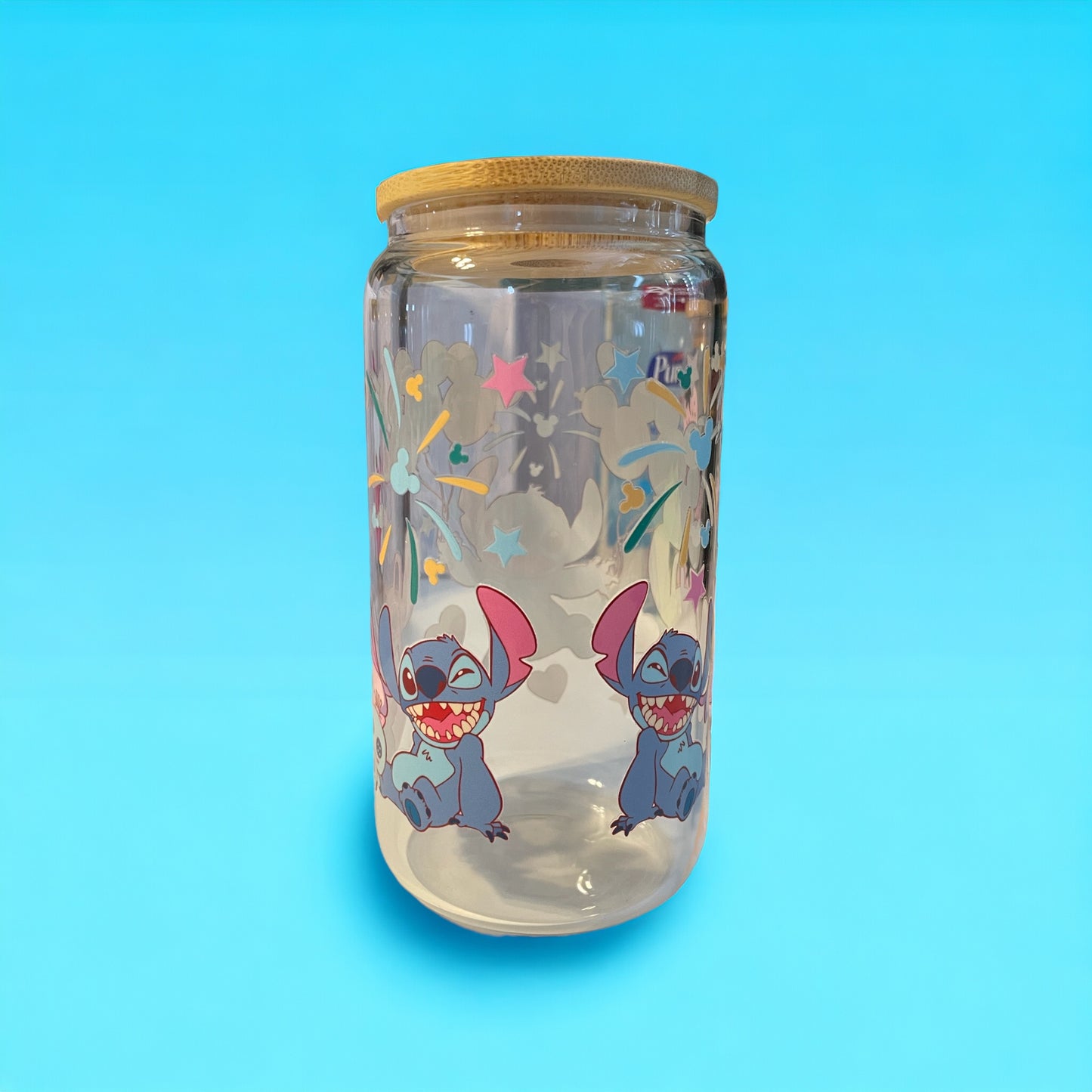Stitch 16oz. Glass Can with Straw, Glass Can, Beer Can, Stitch Cup, Cups with Straws, Glass Cup with Straw and Bamboo Lid
