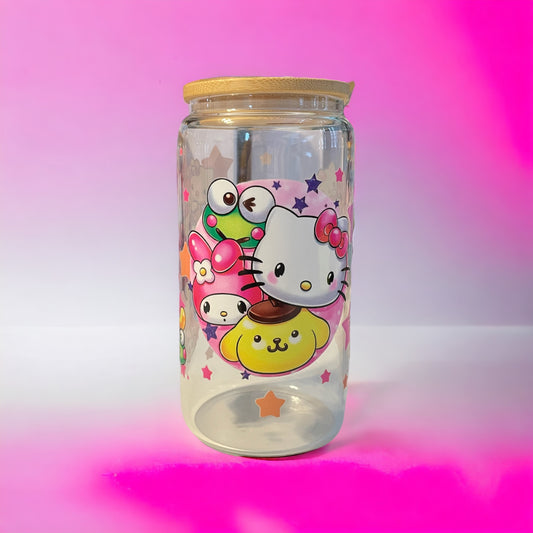 Kitty and Friends 16 oz. Clear Glass Can with Straw, Glass Can, Beer Can, Kitty Cup, Cups with Straws, Glass Cup with Straw and Bamboo Lid, Kitty