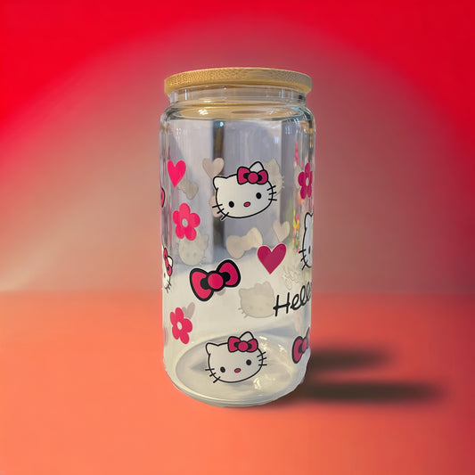 Kitty 16 oz. Clear Glass Can with Straw, Glass Can, Beer Can, Kitty Cup, Cups with Straws, Glass Cup with Straw and Bamboo Lid, Kitty