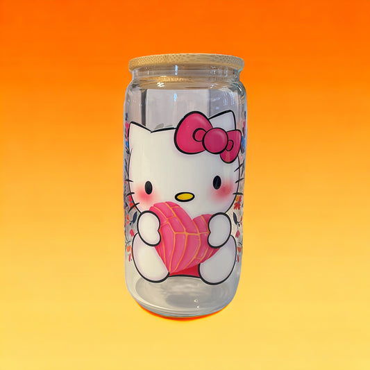 Kitty Concha 16 oz. Clear Glass Can with Straw, Glass Can, Beer Can, Kitty Cup, Cups with Straws, Glass Cup with Straw and Bamboo Lid, Kitty