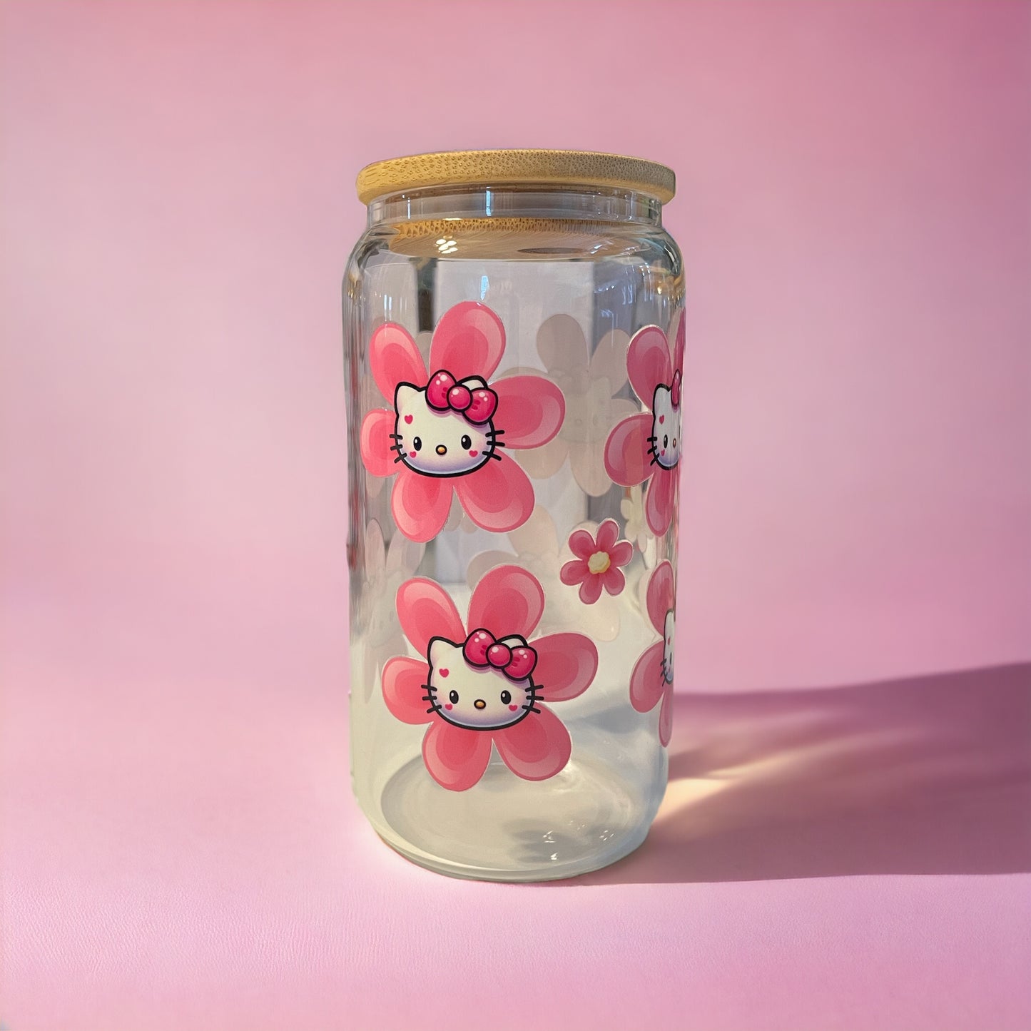 Kitty Flowers 16 oz. Clear Glass Can with Straw, Glass Can, Beer Can, Kitty Cup, Cups with Straws, Glass Cup with Straw and Bamboo Lid, Kitty