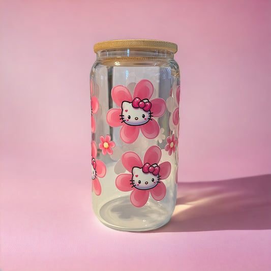 Kitty Flowers 16 oz. Clear Glass Can with Straw, Glass Can, Beer Can, Kitty Cup, Cups with Straws, Glass Cup with Straw and Bamboo Lid, Kitty