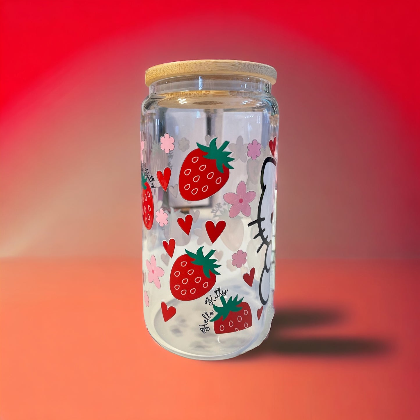 Kitty Strawberries 16 oz. Clear Glass Can with Straw, Glass Can, Beer Can, Kitty Cup, Cups with Straws, Glass Cup with Straw and Bamboo Lid, Kitty