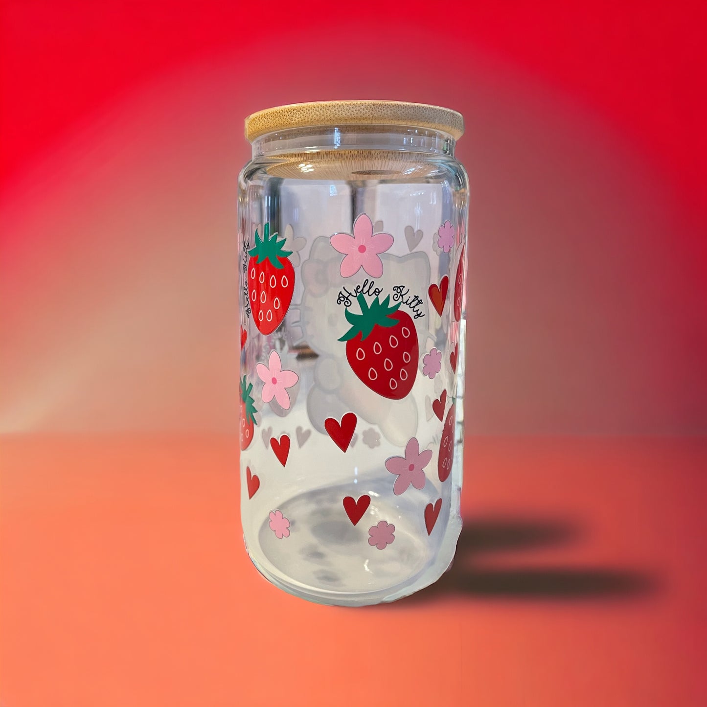 Kitty Strawberries 16 oz. Clear Glass Can with Straw, Glass Can, Beer Can, Kitty Cup, Cups with Straws, Glass Cup with Straw and Bamboo Lid, Kitty