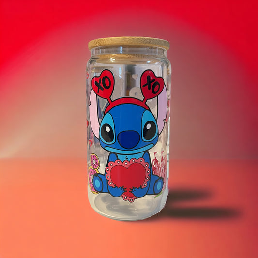Stitch 16oz. Glass Can with Straw, Glass Can, Beer Can, Stitch Cup, Cups with Straws, Glass Cup with Straw and Bamboo Lid