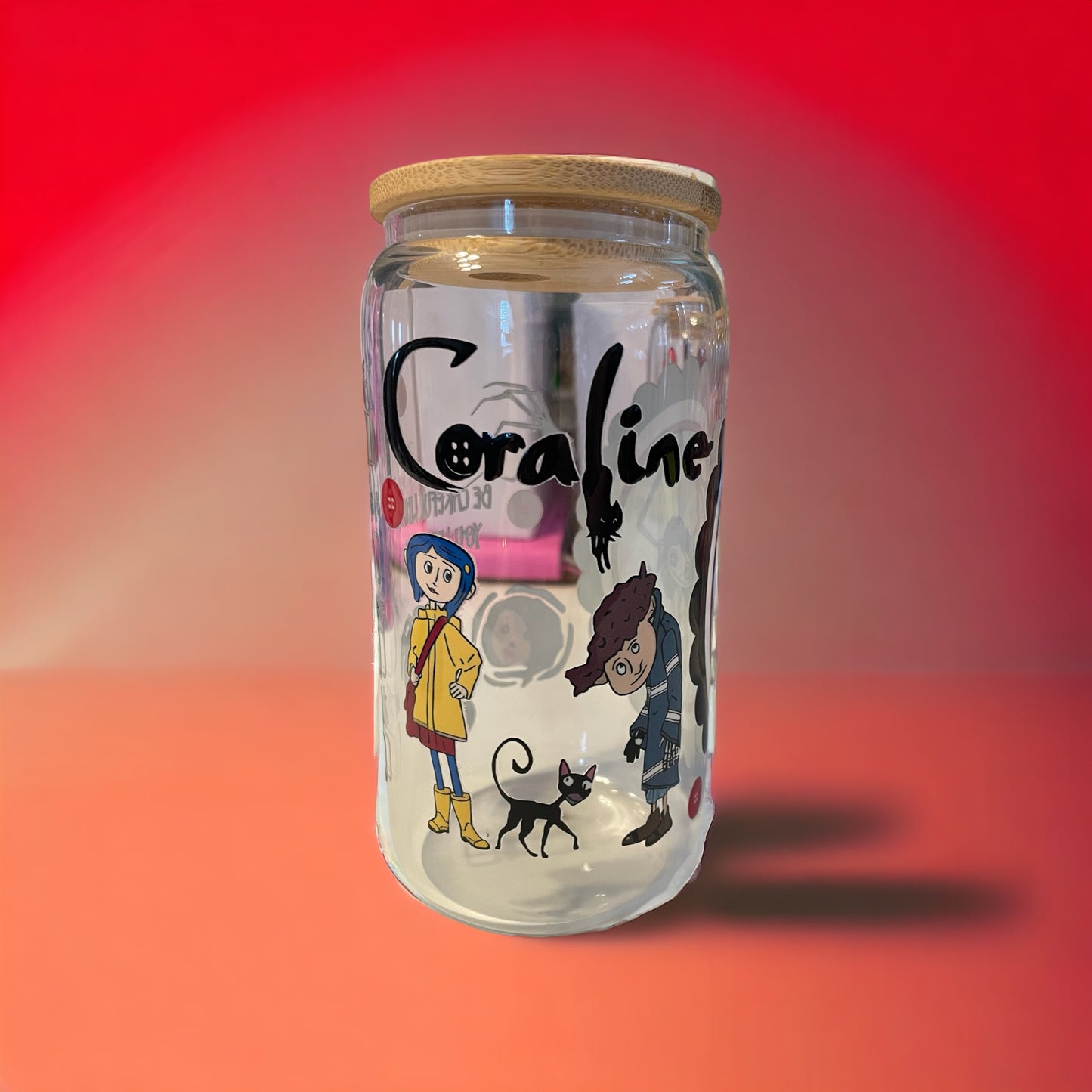 Coraline 16oz. Glass Can with Straw, Glass Can, Beer Can, Coraline Cup, Cups with Straws, Glass Cup with Straw and Bamboo Lid